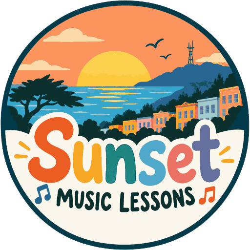 Sunset Music Lessons — a sun setting over the Pacific behind Sunset District rooftops.